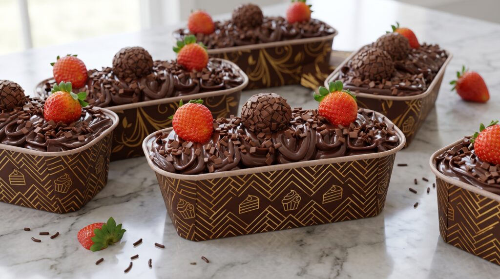 Bolos no formato retangular com cobertura de brigadeiro, granulado e morango, embalados em caixinhas marrom com estampa dourada de confeitaria, exemplo de embalagem premium personalizada