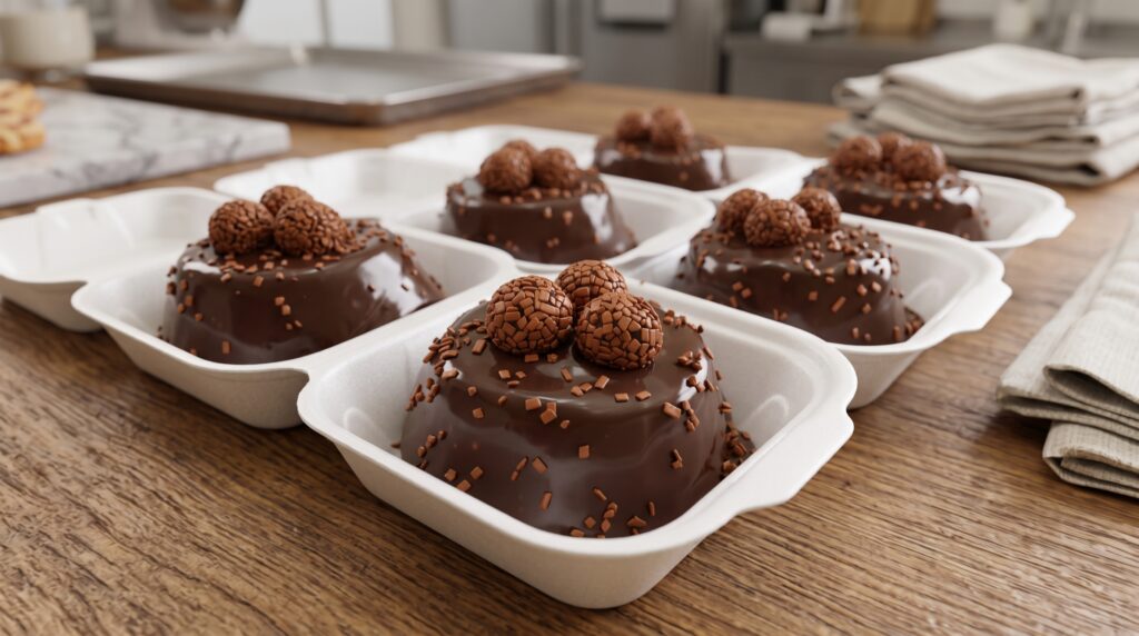 Bolos caseirinhos de chocolate com cobertura de brigadeiro e granulado, embalados em caixinhas brancas individuais sobre mesa de madeira