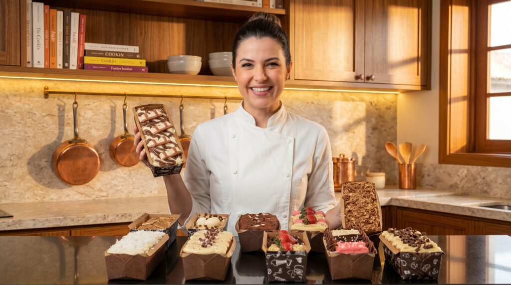 Confeiteira sorrindo numa cozinha segurando um bolo caseirinho em embalagem kraft personalizada, com vários outros bolos em caixas individuais decoradas sobre a bancada