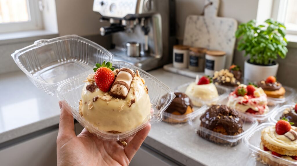 Mão segurando um bolo caseirinho de chocolate branco com morango em embalagem transparente, com vários outros caseirinhos ao fundo numa bancada de cozinha