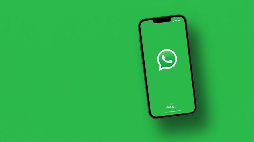 Celular com a tela de abertura do WhatsApp acesa sobre fundo verde, representando o aplicativo usado para a lista de transmissão