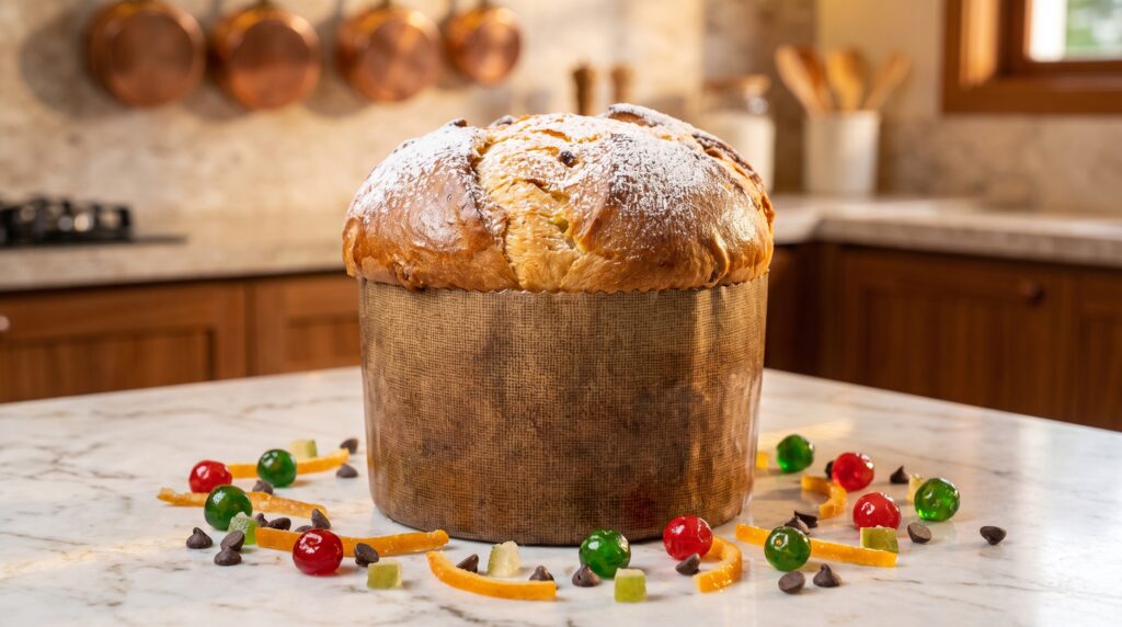 Panetone Artesanal pronto sobre bancada de mármore