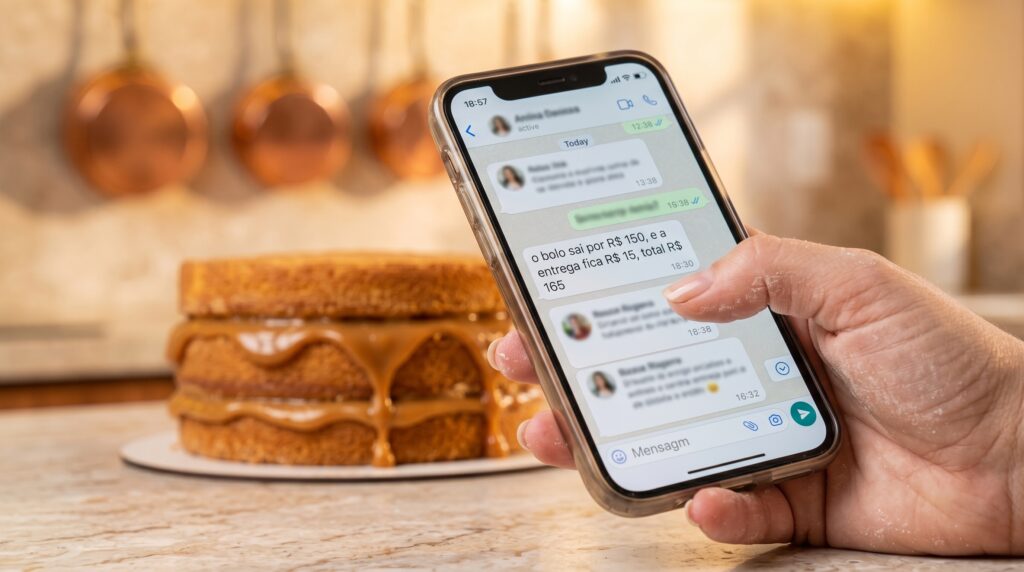 Celular mostrando conversa de WhatsApp com o valor do bolo e da entrega informados separadamente