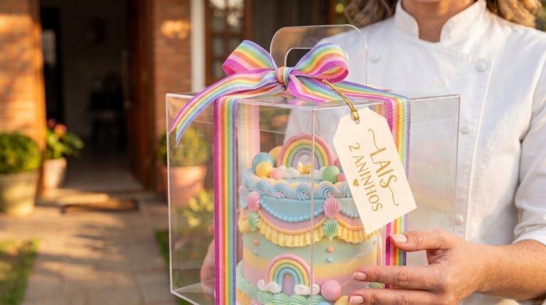 Confeiteira segurando caixa de bolo decorado embalada para entrega, com fita e etiqueta personalizada