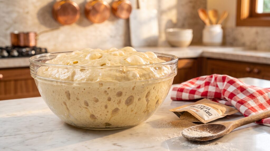 Panetone Artesanal: massa crescendo na tigela antes de assar