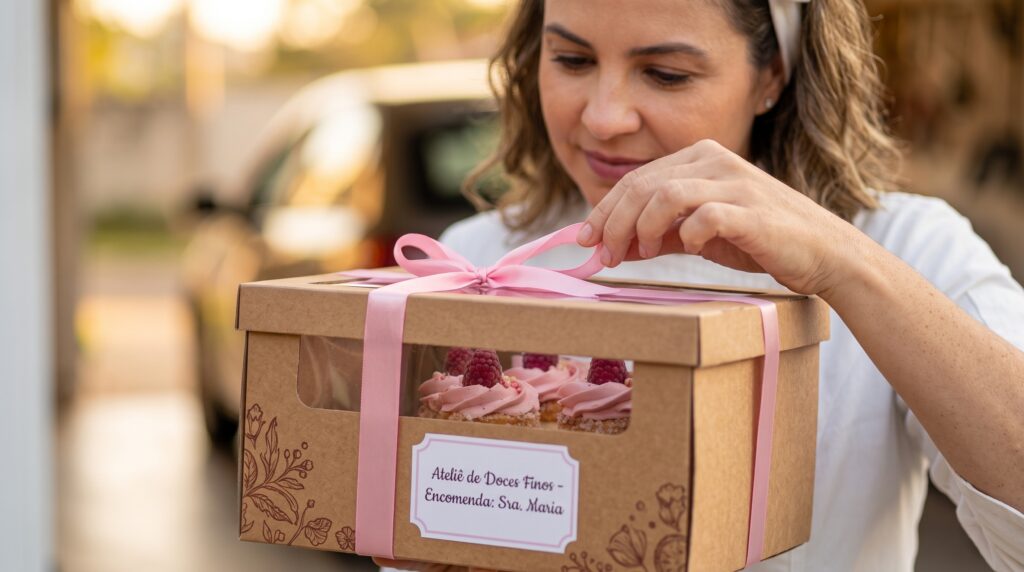 Confeiteira entregando caixa de cupcakes com etiqueta de identificação do pedido