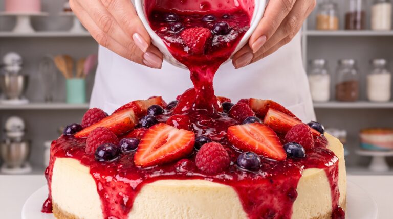 Cheesecake de Frutas Vermelhas recebendo a calda de frutas vermelhas por cima