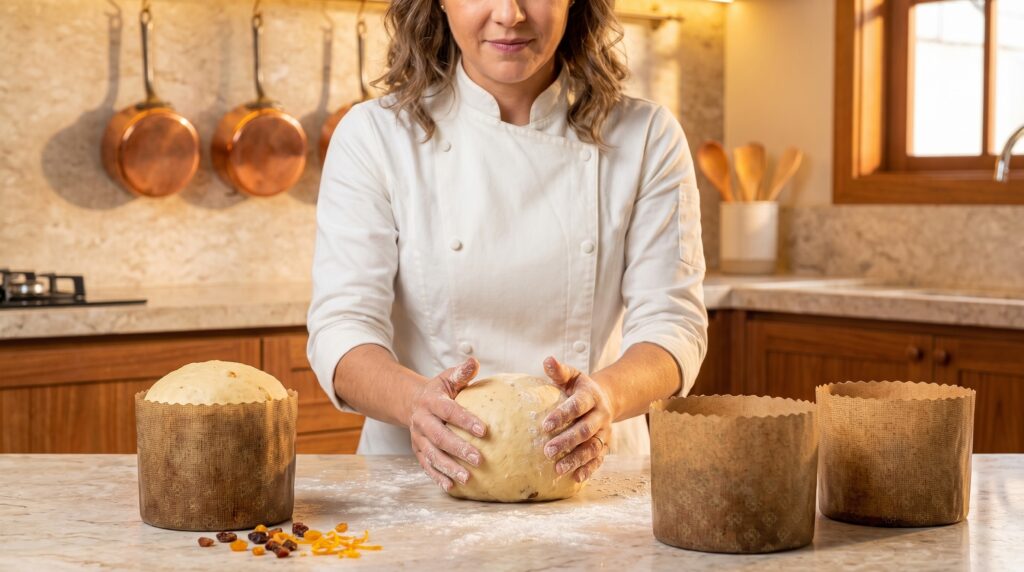 Panetone Artesanal: confeiteira modelando a massa à mão