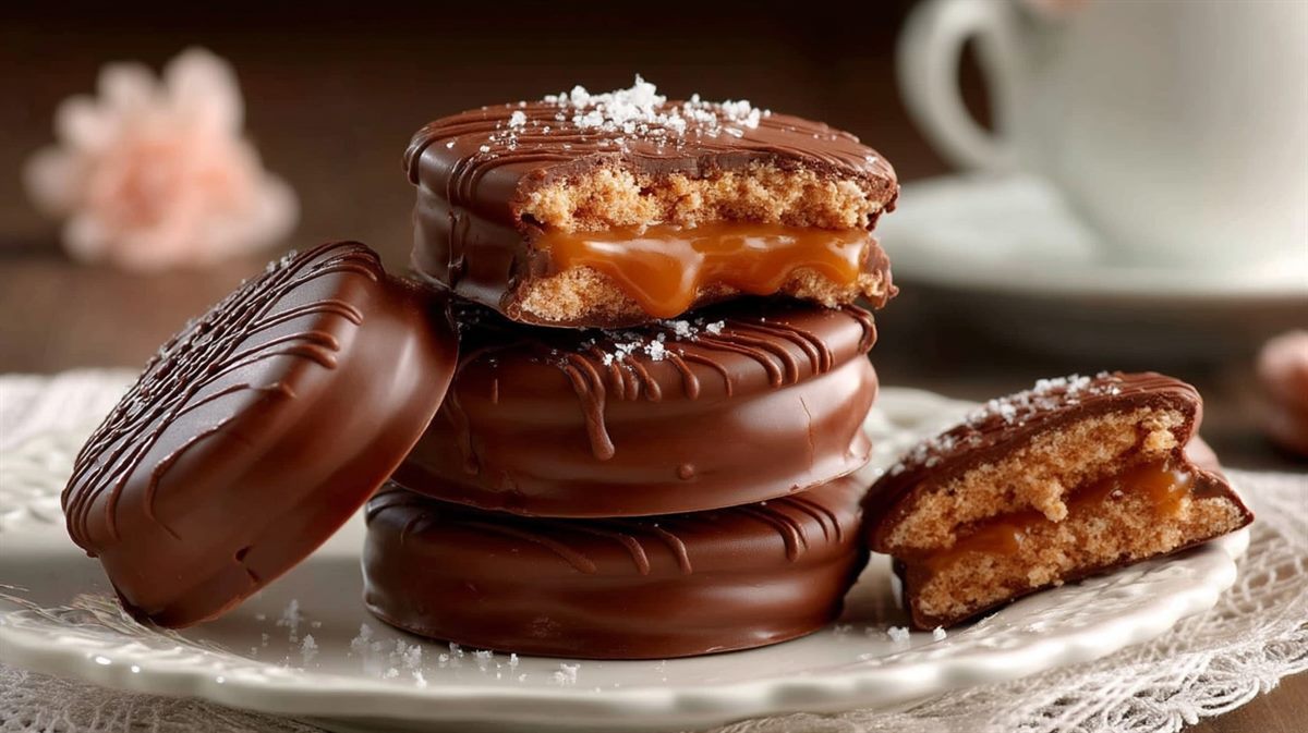 Alfajores cobertos com chocolate empilhados em prato branco