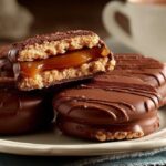 Alfajor partido ao meio mostrando o recheio de doce de leite grosso