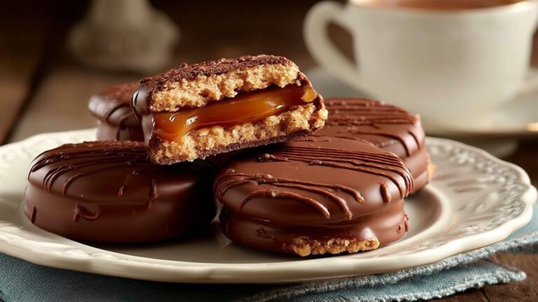 Alfajor partido ao meio mostrando o recheio de doce de leite grosso