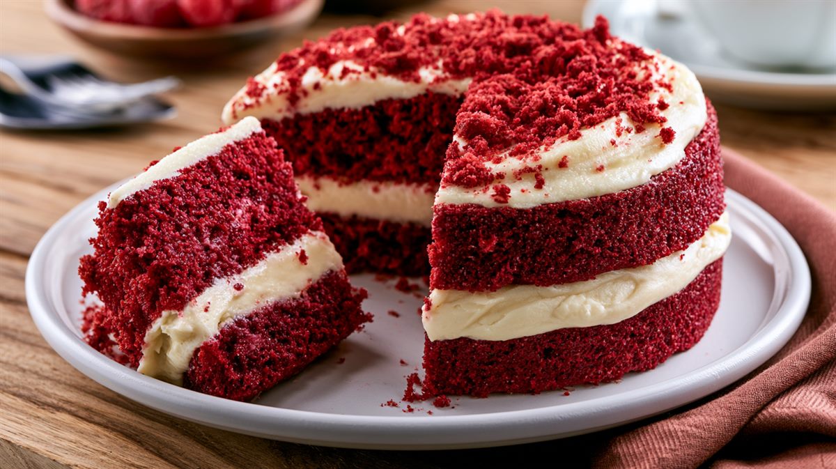 Bolo Red Velvet cortado mostrando as camadas vermelhas e o frosting branco