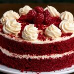 Bolo Red Velvet decorado com frosting de cream cheese e framboesas por cima