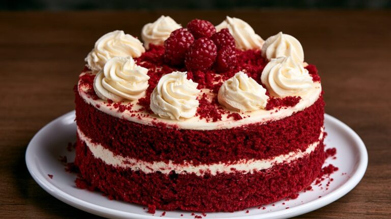 Bolo Red Velvet decorado com frosting de cream cheese e framboesas por cima