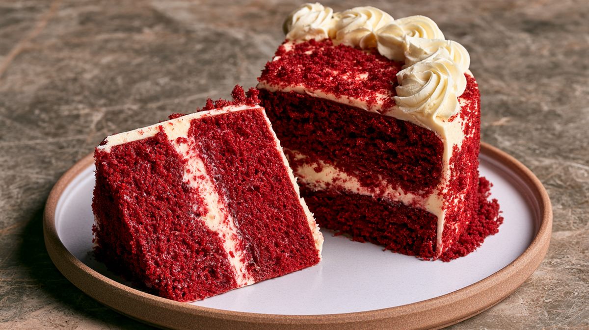 Fatia de Bolo Red Velvet servida no prato, com recheio de cream cheese