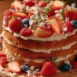 Naked Cake decorado com morangos, framboesas e flores comestíveis sobre tábua de madeira