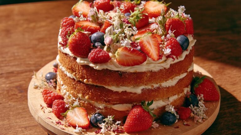 Naked Cake decorado com morangos, framboesas e flores comestíveis sobre tábua de madeira