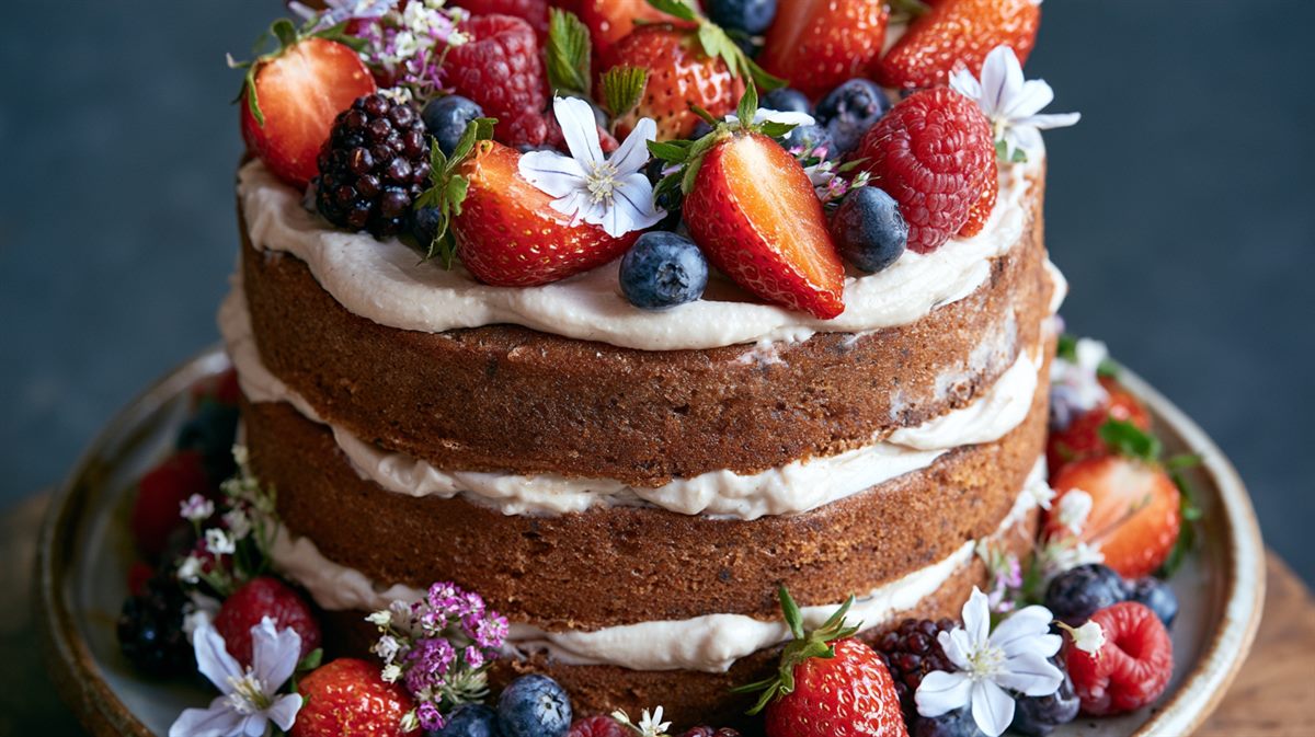 Detalhe da decoração do Naked Cake com morangos, amoras, mirtilos e flores brancas