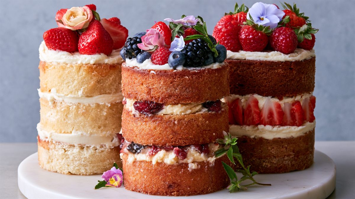 Três modelos de Naked Cake lado a lado, em tamanhos e recheios diferentes