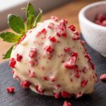 Morango cravejado coberto com chocolate branco e lascas de casquinha crocante