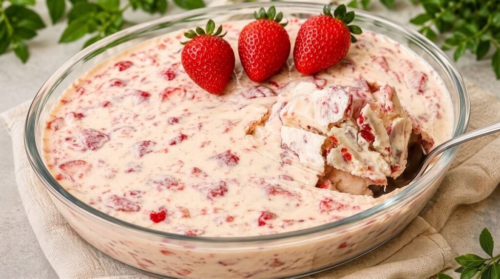 Morango cravejado na travessa de vidro com creme e morangos frescos por cima